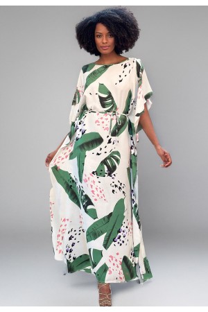 Vestido Kaftan Viscose Longo Estampa Folhagem Poética