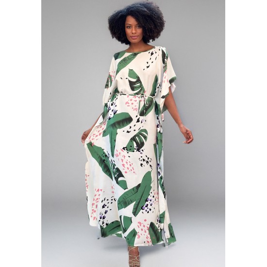 Vestido Kaftan Viscose Longo Estampa Folhagem Poética