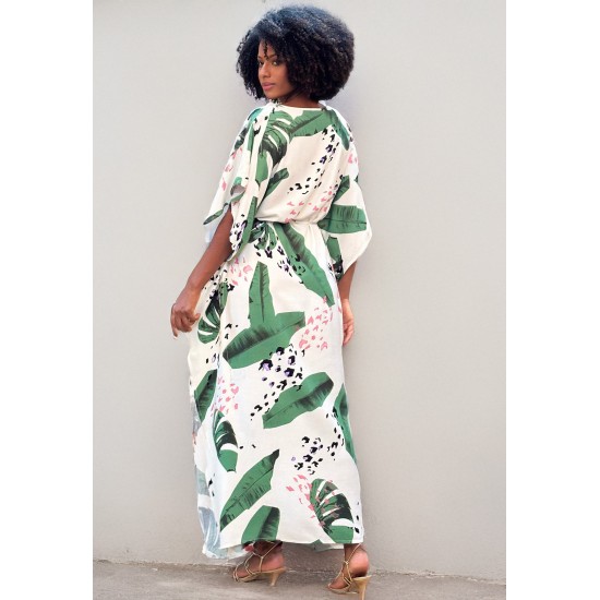 Vestido Kaftan Viscose Longo Estampa Folhagem Poética