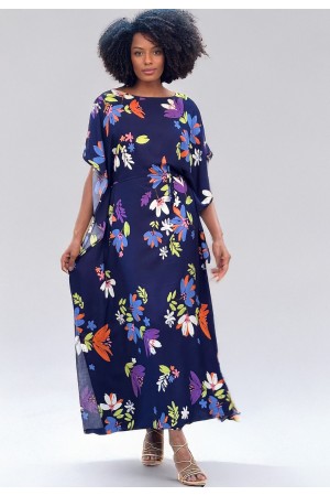 Vestido Kaftan Viscose Longo Estampa Festa das Flores Azul