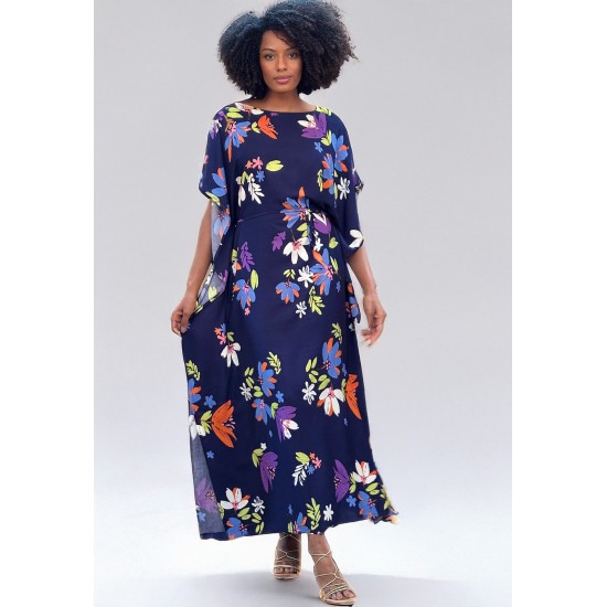 Vestido Kaftan Viscose Longo Estampa Festa das Flores Azul