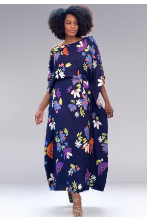 Vestido Kaftan Viscose Longo Estampa Festa das Flores Azul