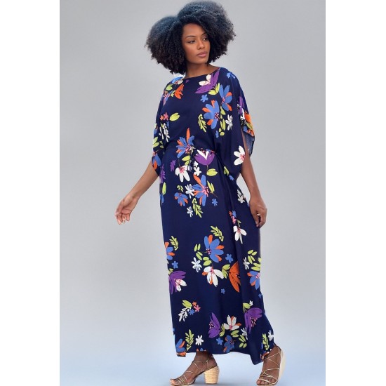 Vestido Kaftan Viscose Longo Estampa Festa das Flores Azul