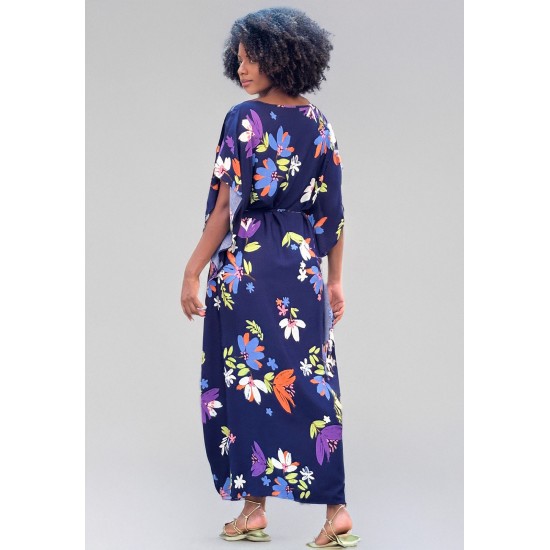 Vestido Kaftan Viscose Longo Estampa Festa das Flores Azul