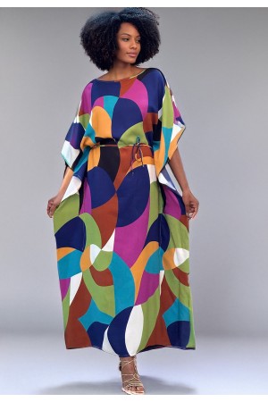 Vestido Kaftan Viscose Longo Estampa Jardim Azul