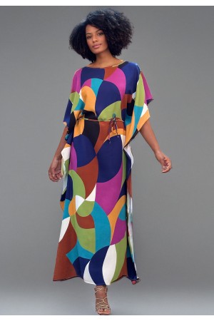 Vestido Kaftan Viscose Longo Estampa Jardim Azul