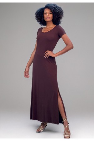 Vestido Longo Malha Gola Canoa Manga Curta Marrom
