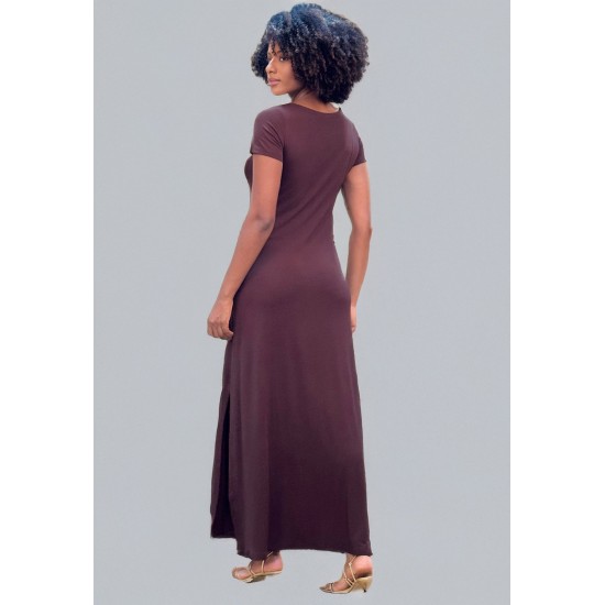 Vestido Longo Malha Gola Canoa Manga Curta Marrom