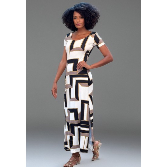 Vestido Longo Malha Gola Canoa Manga Curta Estampa Igaci