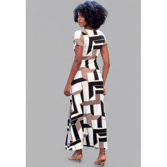 Vestido Longo Malha Gola Canoa Manga Curta Estampa Igaci