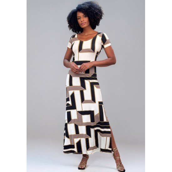 Vestido Longo Malha Gola Canoa Manga Curta Estampa Igaci