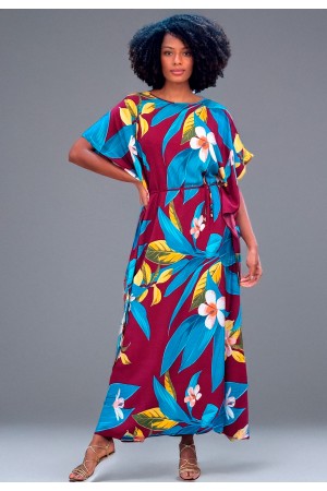 Vestido Kaftan Viscose Longo Estampa Floral Outono