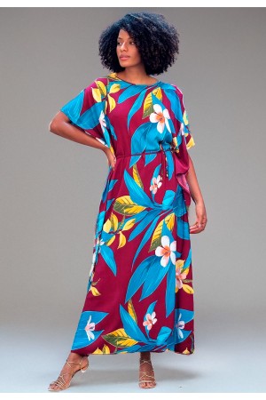 Vestido Kaftan Viscose Longo Estampa Floral Outono