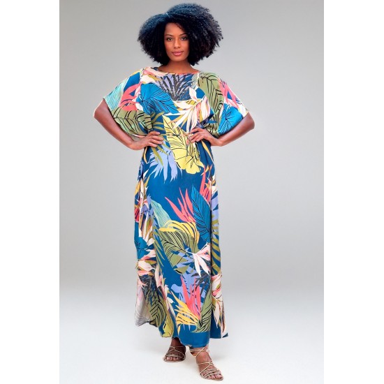 Vestido Kaftan Viscose Longo Estampa Brisa Botânica
