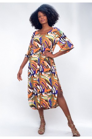 Vestido Midi Abapã Plano com Bolso Estampa Cores Vibrante