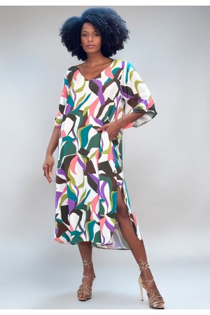 Vestido Midi Abapã Plano com Bolso Estampa Encanto Botânico