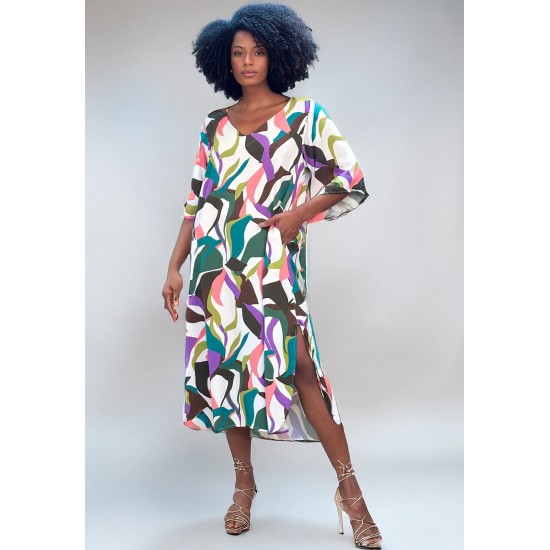 Vestido Midi Abapã Plano com Bolso Estampa Encanto Botânico