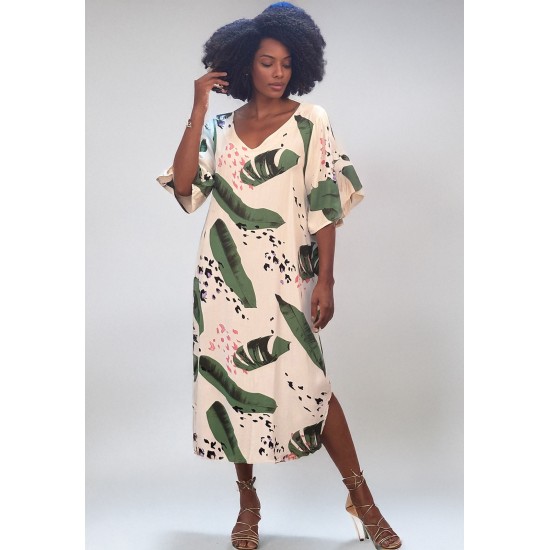 Vestido Midi Abapã Plano com Bolso Estampa Folhagem Poética