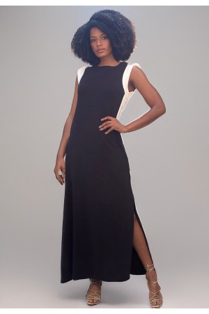 Vestido Longo Malha Preto com Detalhes Branco Black White
