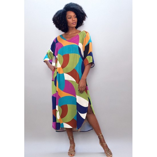 Vestido Midi Abapã Plano com Bolso Estampa Jardim Azul