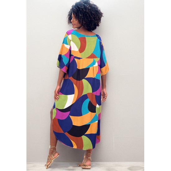 Vestido Midi Abapã Plano com Bolso Estampa Jardim Azul