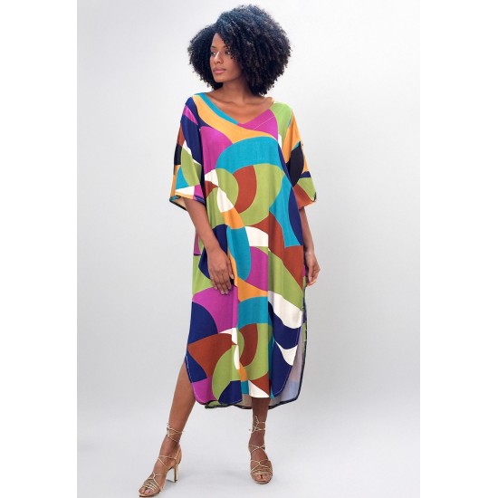 Vestido Midi Abapã Plano com Bolso Estampa Jardim Azul