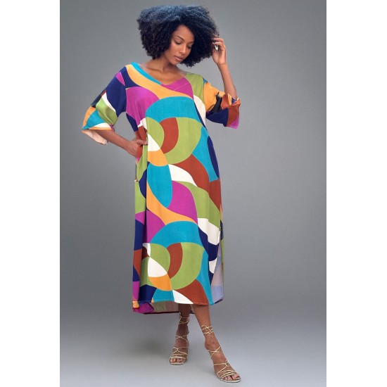 Vestido Midi Abapã Plano com Bolso Estampa Jardim Azul