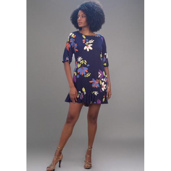 Vestido Curto Viscose Estampa Festa das Flores Azul