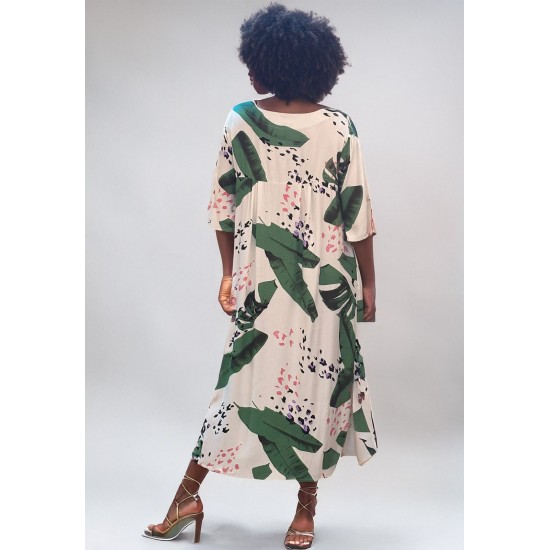 Vestido Midi Abapã Plano com Bolso Estampa Folhagem Poética