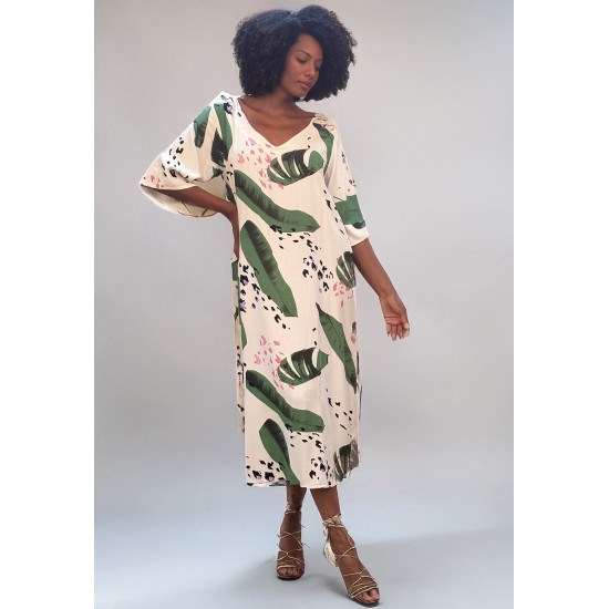 Vestido Midi Abapã Plano com Bolso Estampa Folhagem Poética