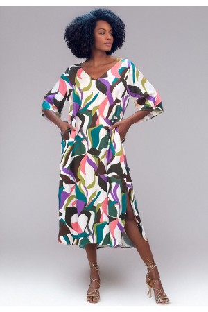 Vestido Midi Abapã Plano com Bolso Estampa Encanto Botânico