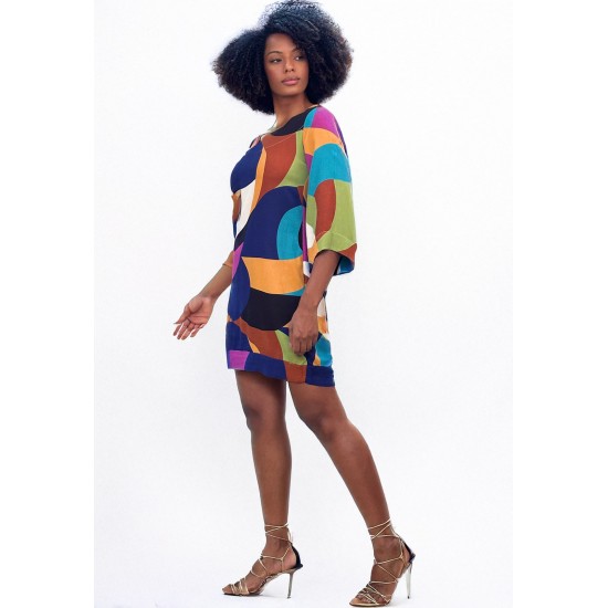 Vestido Curto Viscose Balli Manga Ampla Estampa Jardim Azul