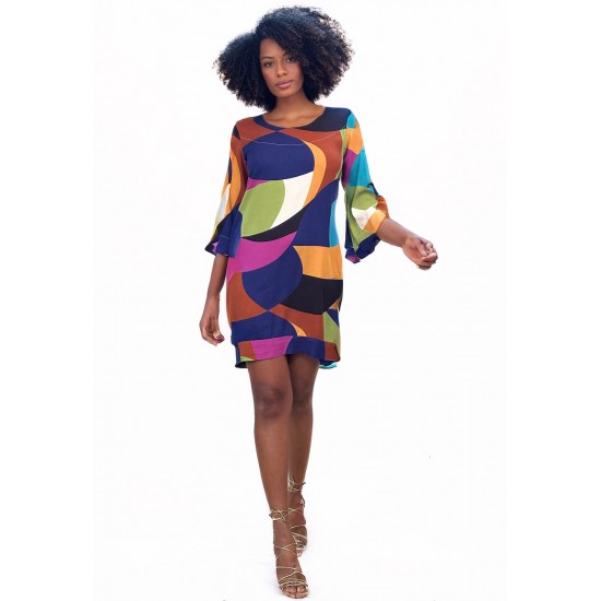 Vestido Curto Viscose Balli Manga Ampla Estampa Jardim Azul