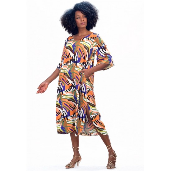 Vestido Midi Abapã Plano com Bolso Estampa Cores Vibrante