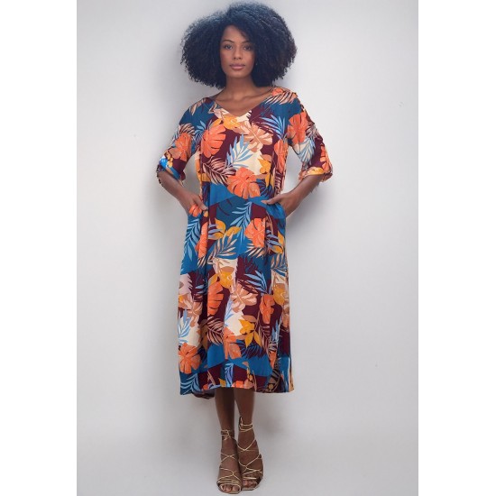 Vestido Midi Abapã Plano com Bolso Estampa Aurora Profunda