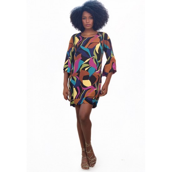 Vestido Curto Viscose Balli Manga Ampla Estampa Aurora Urbana