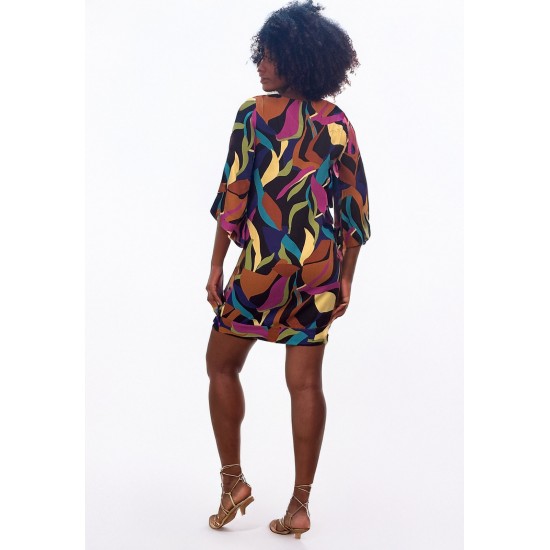 Vestido Curto Viscose Balli Manga Ampla Estampa Aurora Urbana