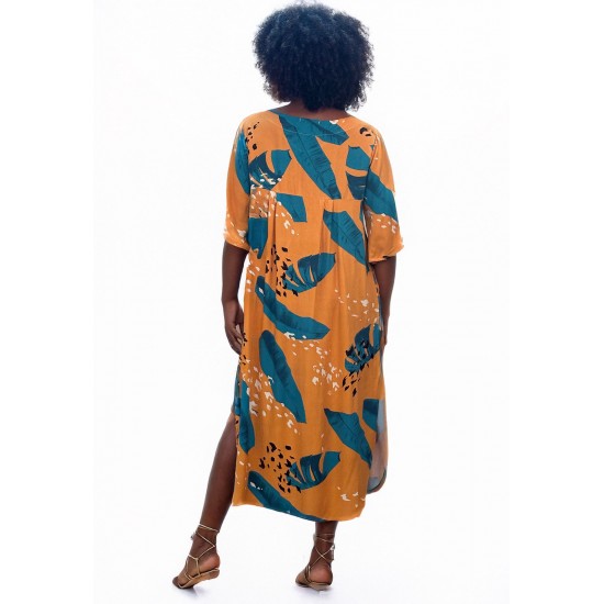 Vestido Midi Abapã Plano com Bolso Estampa Aurora Botânica