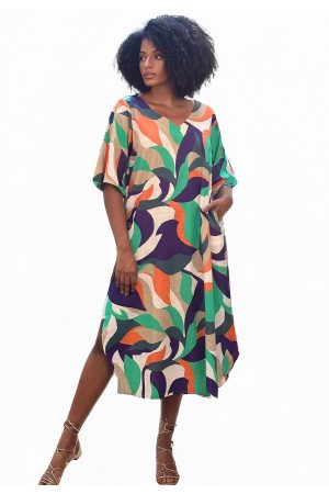 Vestido Midi Abapã Plano com Bolso Estampa Brisa do Mar