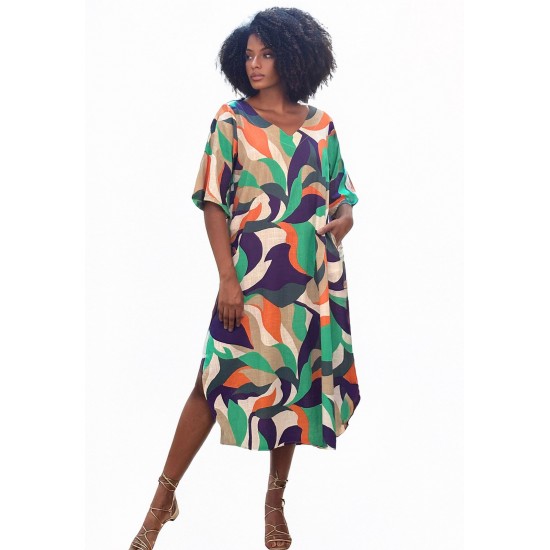 Vestido Midi Abapã Plano com Bolso Estampa Brisa do Mar