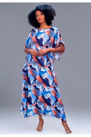 Vestido Kaftan Viscose Longo Estampa Jardim Celeste