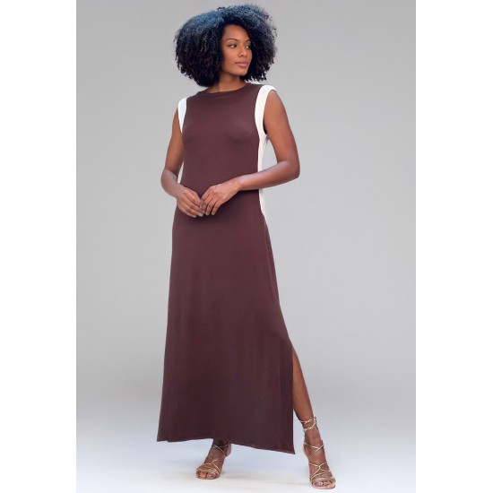 Vestido Longo Malha  com Detalhes Branco e Marrom