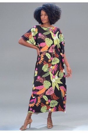 Vestido Kaftan Viscose Longo Estampa Noite Botânica