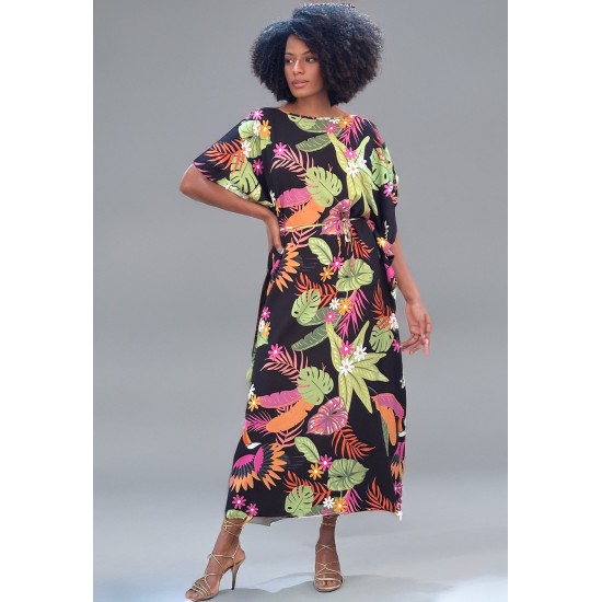 Vestido Kaftan Viscose Longo Estampa Noite Botânica