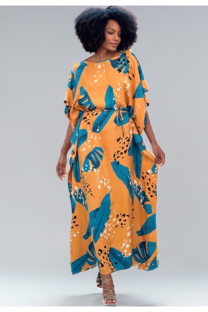 Vestido Kaftan Viscose Longo Estampa Aurora Botânica