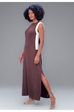 Vestido Longo Malha  com Detalhes Branco e Marrom