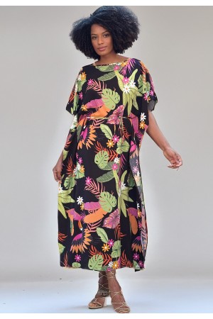 Vestido Kaftan Viscose Longo Estampa Noite Botânica