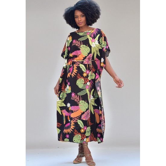 Vestido Kaftan Viscose Longo Estampa Noite Botânica