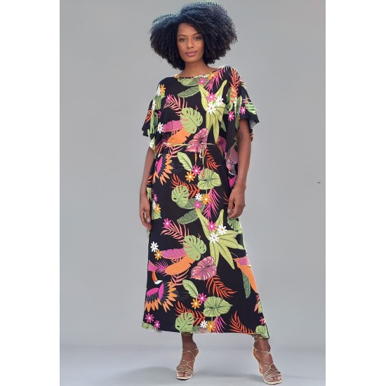 Vestido Kaftan Viscose Longo Estampa Noite Botânica