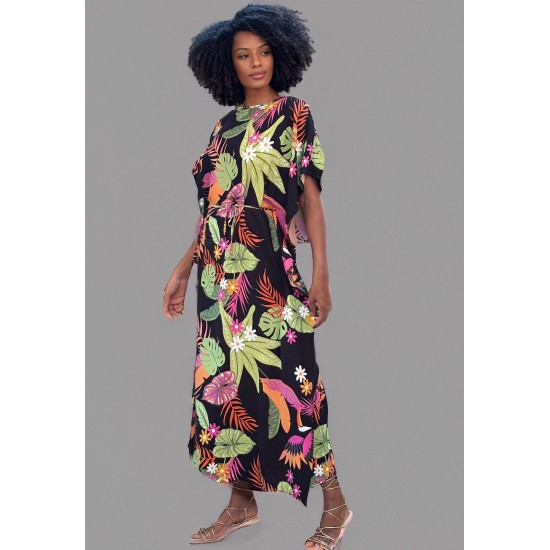 Vestido Kaftan Viscose Longo Estampa Noite Botânica